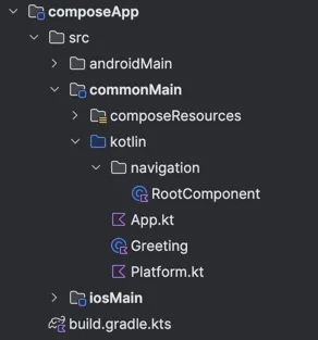Screenshot of the project structure showing the navigation package with the RootComponent file inside commonMain.