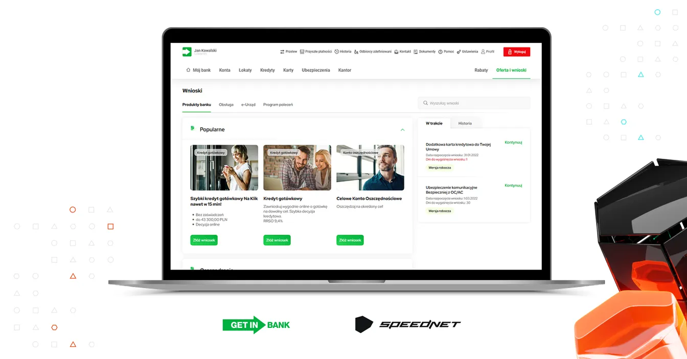 Screenshot of the Getin Bank online banking interface on a laptop, with the Getin Bank and Speednet logos.