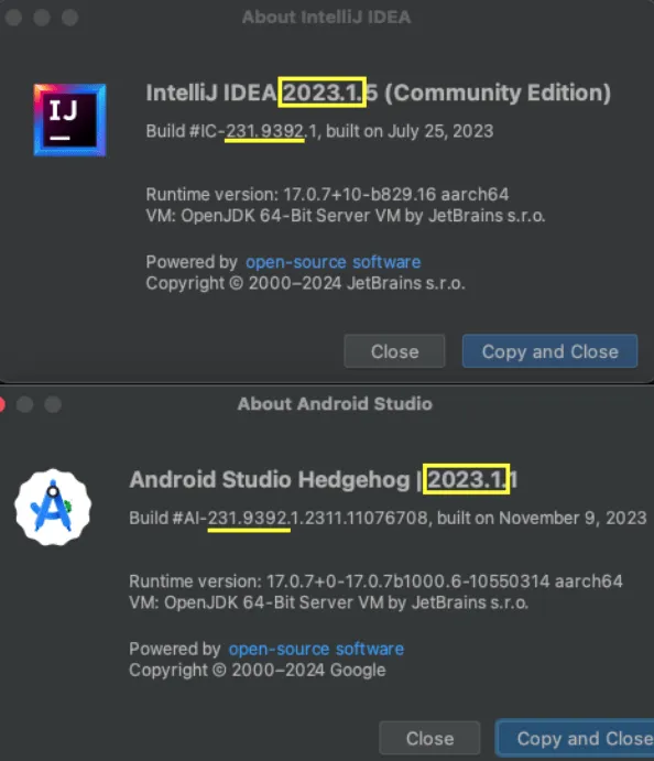 Screenshot of the About dialogs for IntelliJ IDEA 2023.1.5 and Android Studio Hedgehog 2023.1.1, with matching version numbers highlighted.
