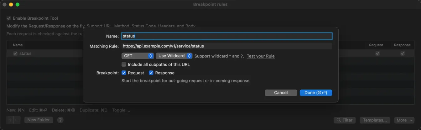 Screenshot of Proxyman's breakpoint editor with the rule name "status" and request and response capture enabled.
