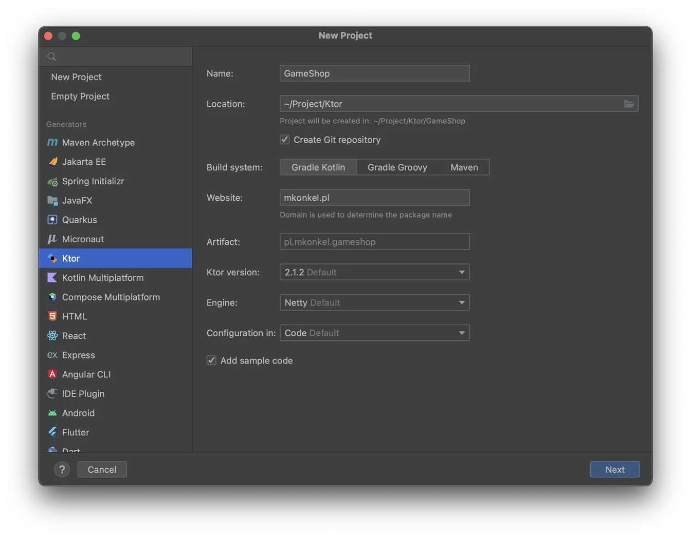 Screenshot of IntelliJ's New Project wizard configuring a 'GameShop' Ktor 2.1.2 project with Gradle Kotlin.