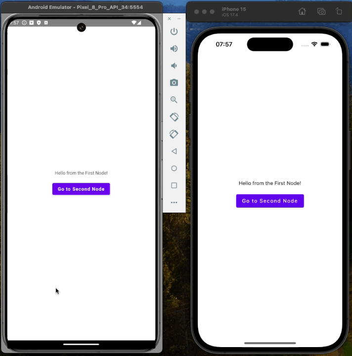 Animation showing the app's first node screen with a "Go to Second Node" button.