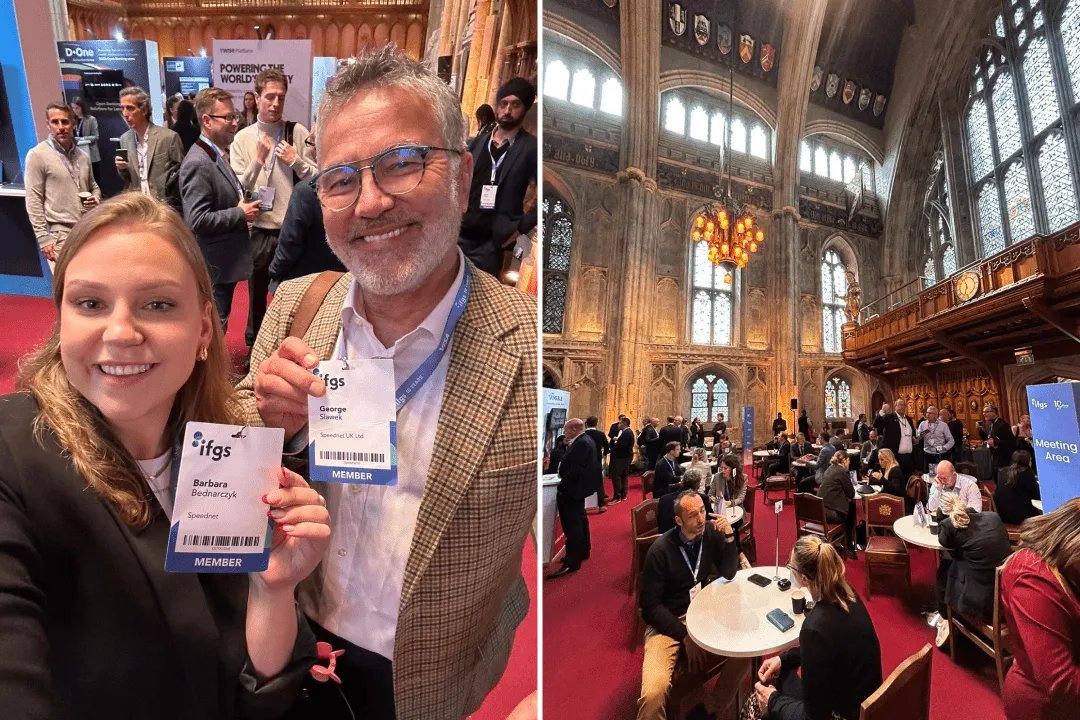 Two photos from the IFGS conference: Barbara Bednarczyk and George Slawek of Speednet holding their member badges, and a hall filled with meeting tables.