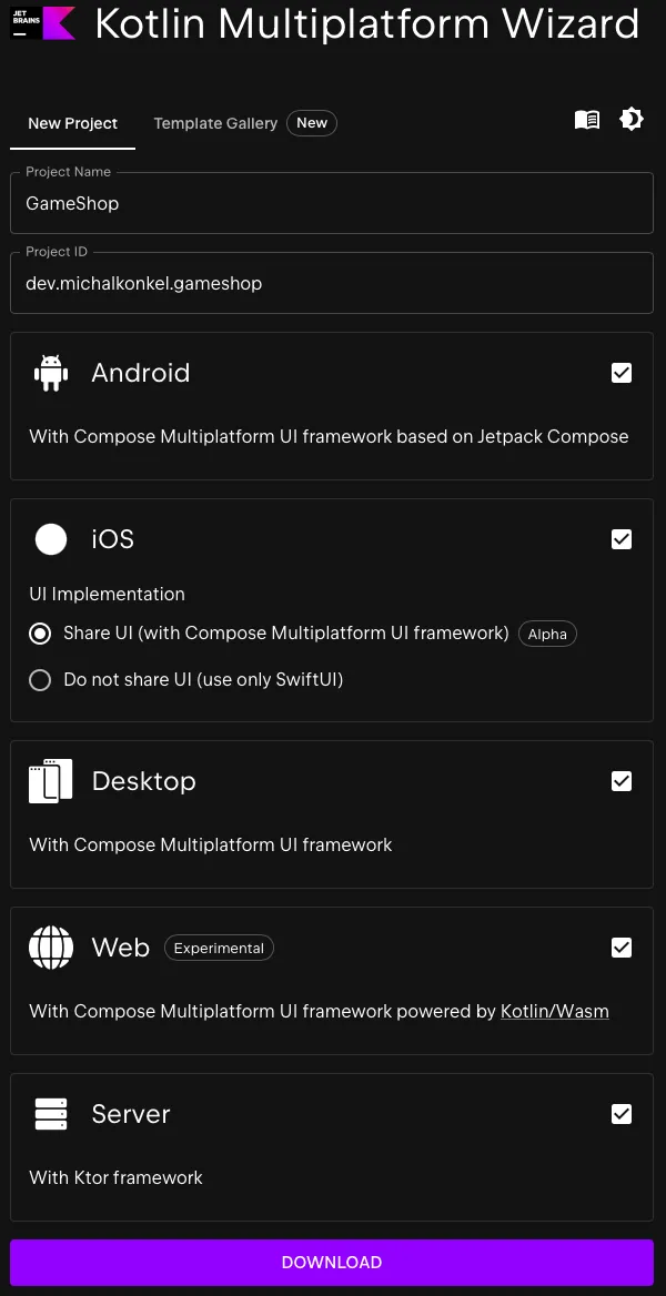 Screenshot of the Kotlin Multiplatform Wizard with Android, iOS, Desktop, Web, and Server options checked for the GameShop project.