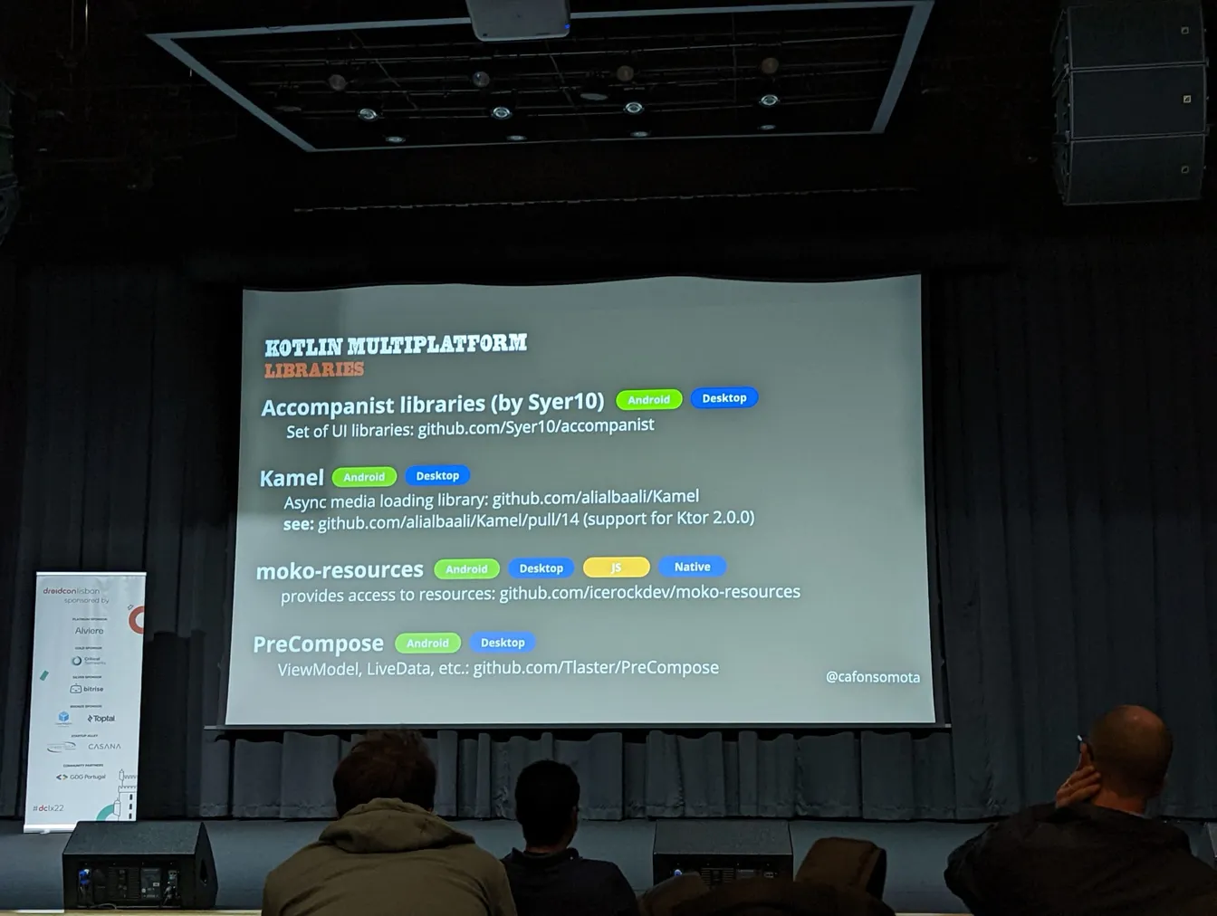 Conference talk slide listing Kotlin Multiplatform libraries: Accompanist, Kamel, moko-resources and PreCompose.