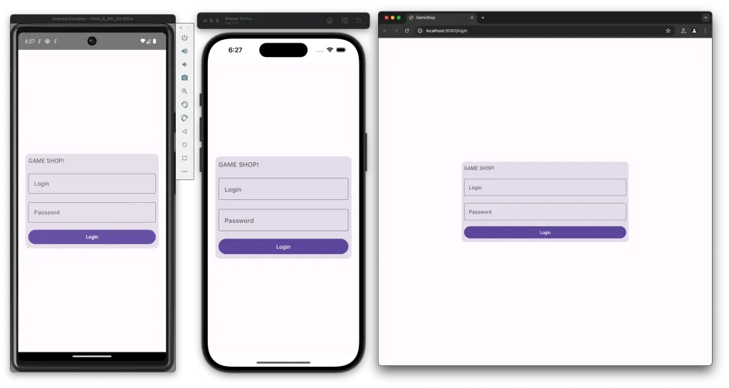 Screenshot shows the GameShop login screen with matching Login and Password fields rendered on Android, iOS, and web through Compose Multiplatform.
