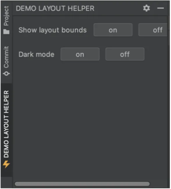Screenshot of the "Demo Layout Helper" tool window with "Show layout bounds" and "Dark mode" on/off toggle buttons.
