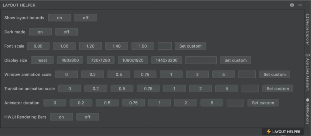 Screenshot of the "Layout Helper" tool window offering font scale, display size, and animation duration presets, each with a custom-value field.