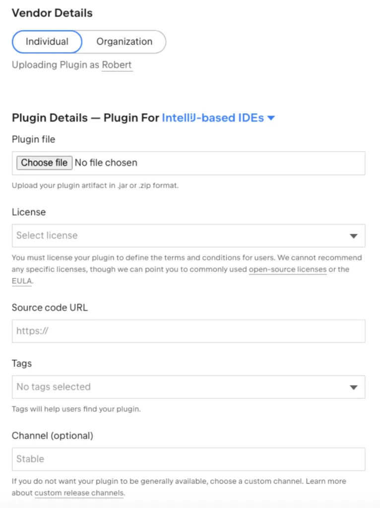 Screenshot of the JetBrains Marketplace plugin upload form with fields for vendor details, plugin file, license, source code URL, and tags.