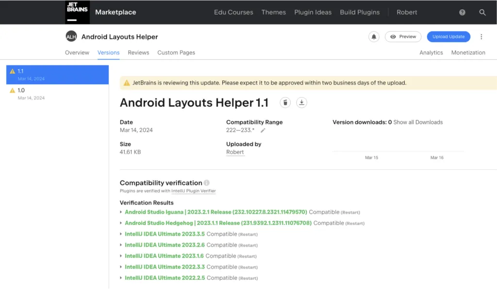 Screenshot of the Android Layouts Helper plugin page on JetBrains Marketplace showing version 1.1 and its compatibility verification results.