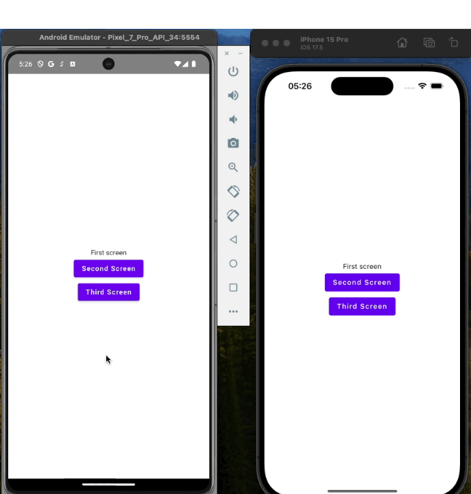 Animation showing navigation to a third screen that displays a greeting argument passed from the first screen.