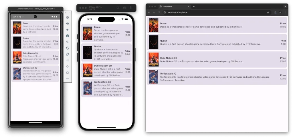 Screenshot shows the GameShop game list, with Doom, Quake, Duke Nukem 3D, and Wolfenstein 3D entries and prices, rendered on Android, iOS, and web.