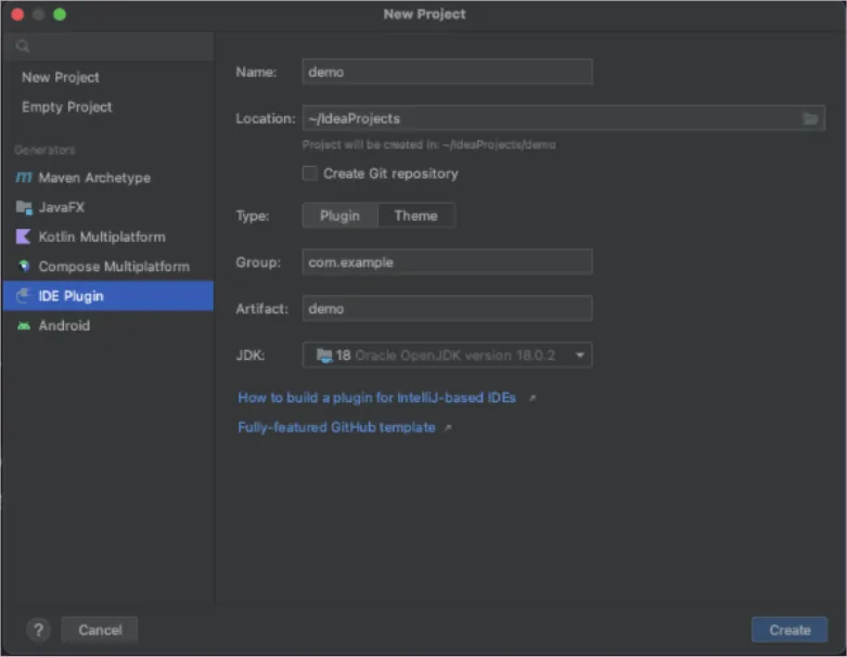Screenshot of the IntelliJ New Project dialog with IDE Plugin selected and the project name set to 'demo'.