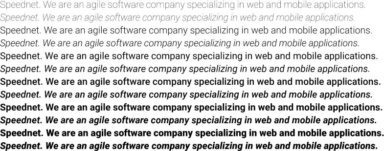 Grid of the same sentence rendered in every weight and style of a font family, from light to bold, upright and italic.