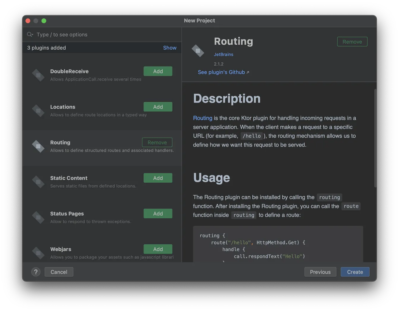 Screenshot of Ktor's Routing plugin selected in IntelliJ, showing its description and a sample route handler.