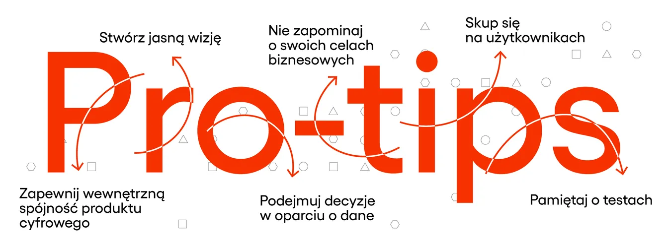 Napis 'Pro-tips' otoczony wskazówkami o planowaniu, celach biznesowych, użytkownikach, danych i testach.