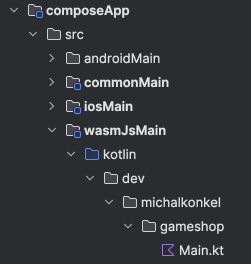 Screenshot of the composeApp project structure with the wasmJsMain module expanded down to Main.kt.