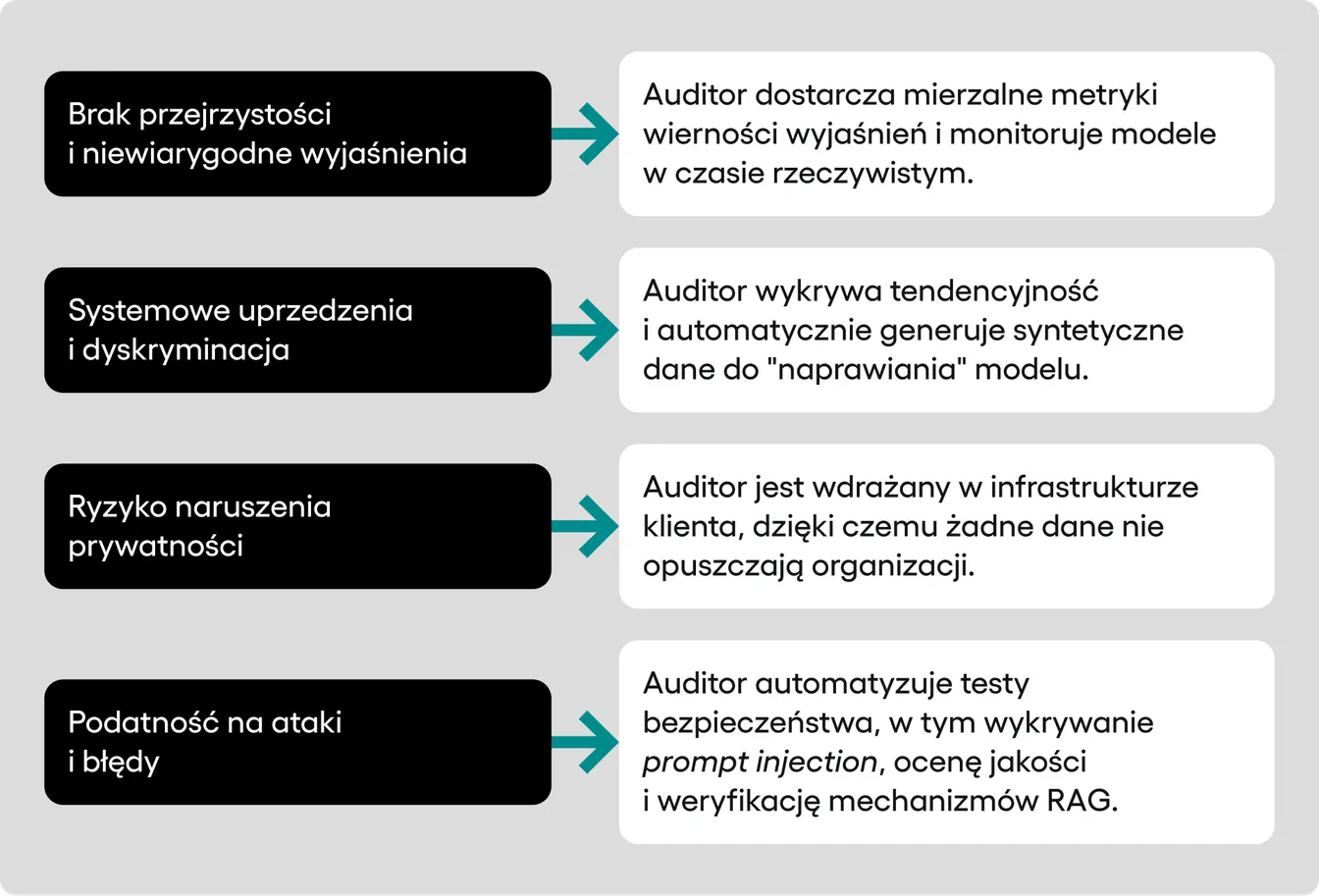 Infografika z czterema problemami testowania AI (przejrzystość, uprzedzenia, prywatność, podatność na ataki) i odpowiadającymi im rozwiązaniami narzędzia Auditor.