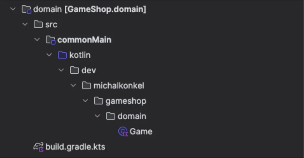 Screenshot of the project structure showing the domain module with the Game class inside GameShop.domain.
