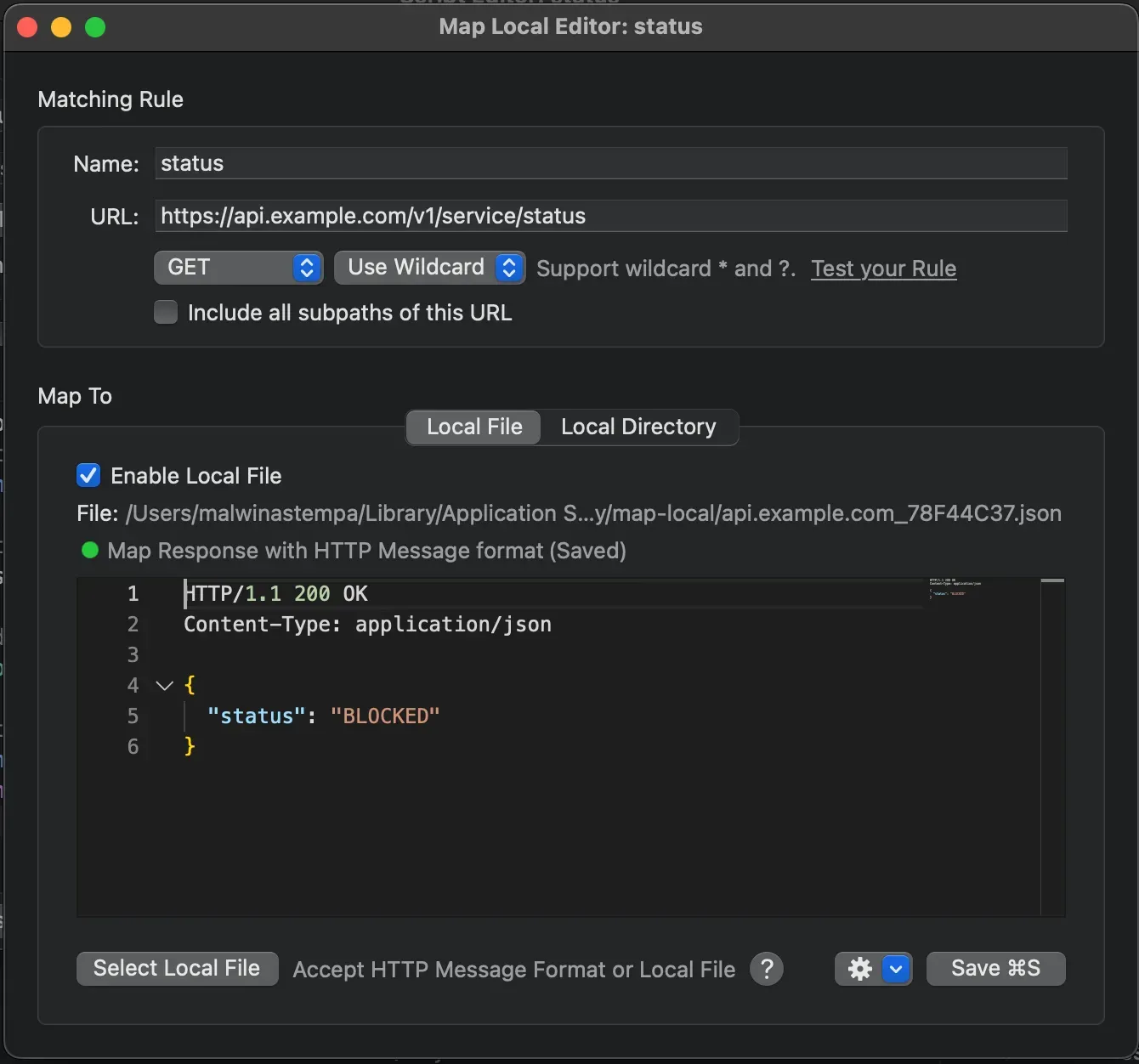 Screenshot of Proxyman's Map Local editor mapping the "status" request to a file returning {"status": "BLOCKED"}.