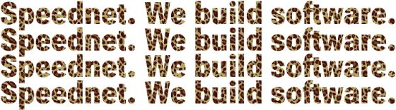 Screenshot of bold text reading "Speednet. We build software." repeated four times, filled with a leopard-print bitmap pattern.