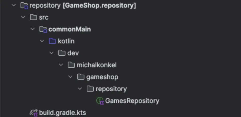 Screenshot of the project structure showing the repository module with the GamesRepository class inside GameShop.repository.