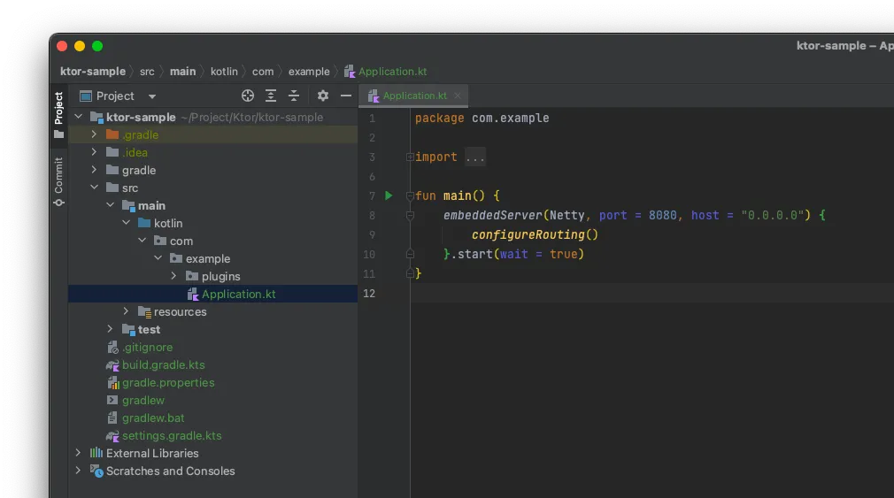 Screenshot of Application.kt in IntelliJ IDEA, showing the embeddedServer function configured with Netty on port 8080.