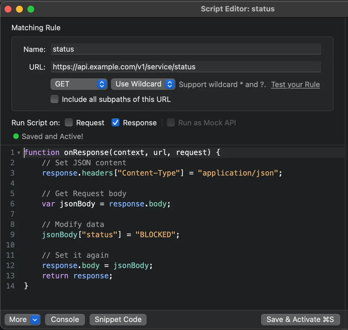 Screenshot of Proxyman's script editor with a response script that sets jsonBody["status"] to "BLOCKED".