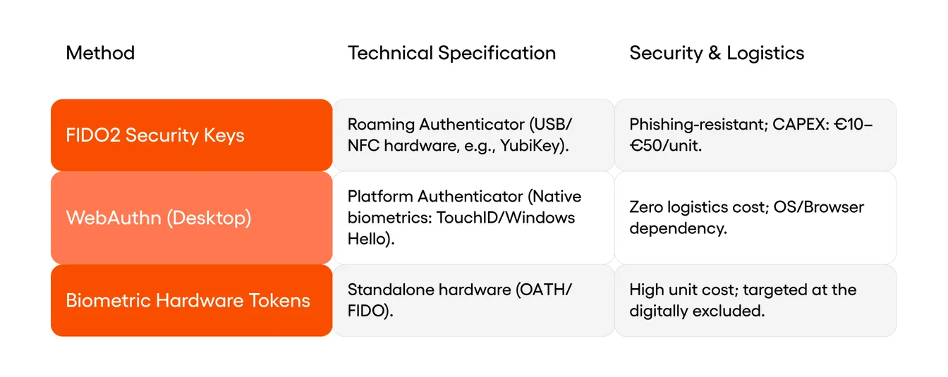 able listing FIDO2 Keys, WebAuthn, and Biometric Tokens with their technical specs and costs.