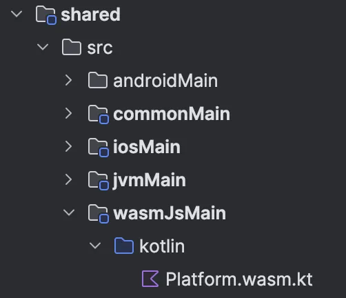 Screenshot of a Kotlin Multiplatform project's file tree: the shared module's androidMain, commonMain, iosMain, jvmMain and wasmJsMain source sets, with Platform.wasm.kt open.