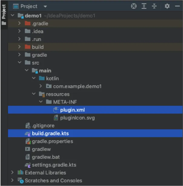 Screenshot of the Android Studio project tree with plugin.xml selected in the demo1 plugin's META-INF folder.