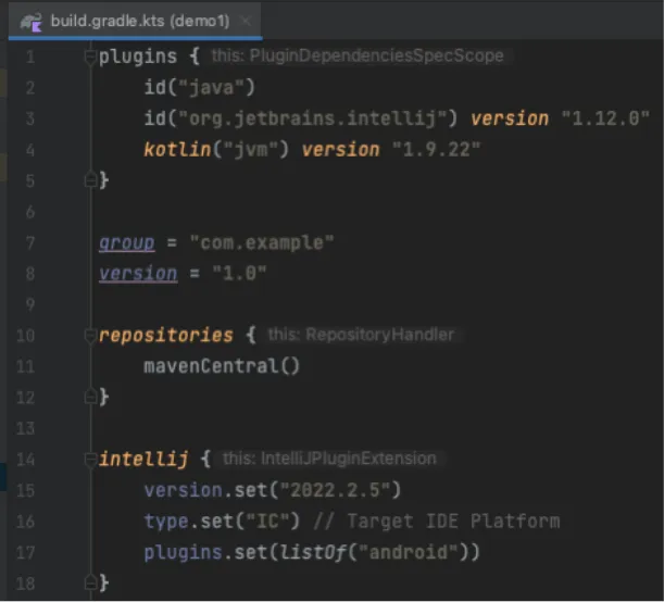 Screenshot of a build.gradle.kts file configuring the IntelliJ Platform Gradle plugin and its Android dependency.