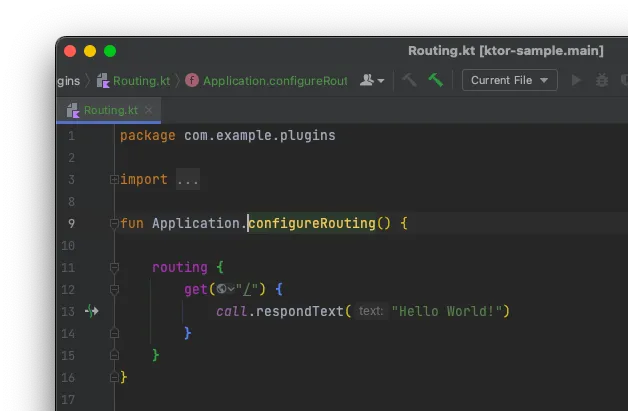Screenshot of Routing.kt, with the configureRouting function defining a GET route at "/" returning "Hello World!".