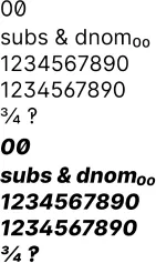 Type specimen comparing regular and bold italic styles of a variable font, showing numerals, fractions and subscript figures.