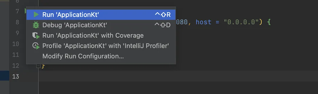 IntelliJ IDEA context menu with "Run 'ApplicationKt'" highlighted to launch the application.