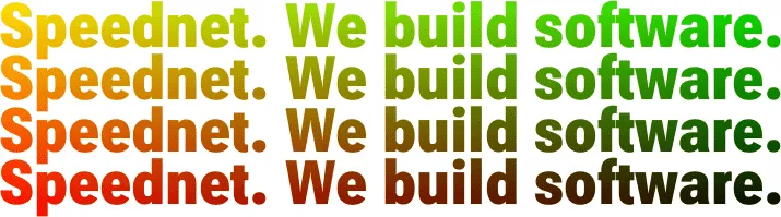 Screenshot of shader-colored text reading "Speednet. We build software." repeated in four rows, each in a different yellow-to-green-to-red gradient.