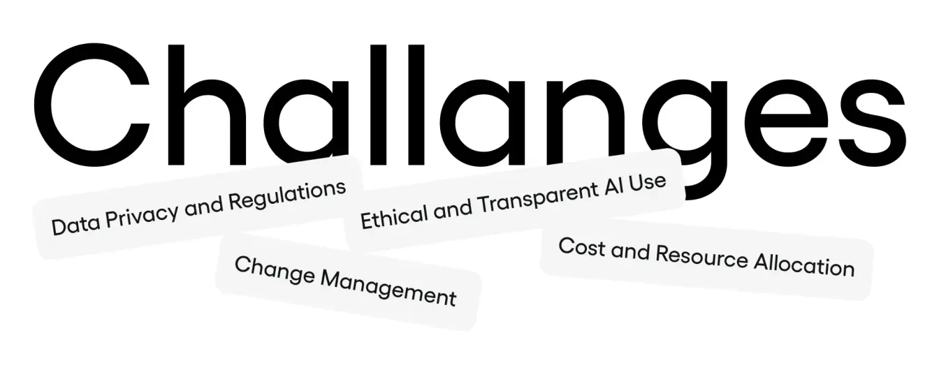 Challenges: Data Privacy and Regulations, Ethical and Transparent AI Use, Cost and Resource Allocation, Change Management