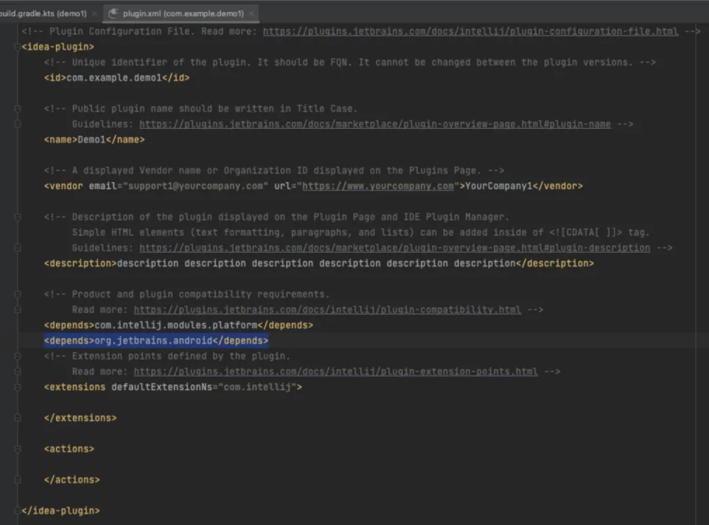 Screenshot of a plugin.xml file with the org.jetbrains.android dependency line highlighted under com.intellij.modules.platform.