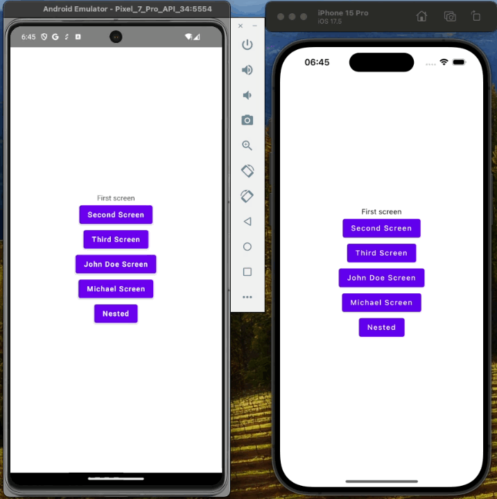Animation showing navigation from a screen with multiple destinations into a nested graph, reaching a "Nested Sixth screen" and back.