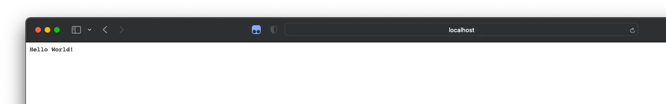 Browser window at localhost showing the text "Hello World!" returned by the running application.