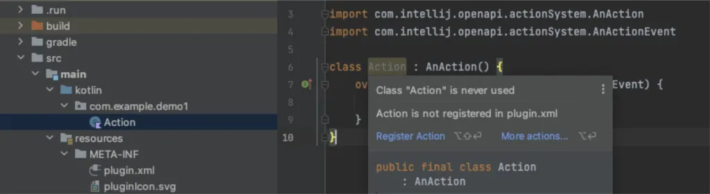 Screenshot of an AnAction subclass in Android Studio with a popup offering to register the action in plugin.xml.