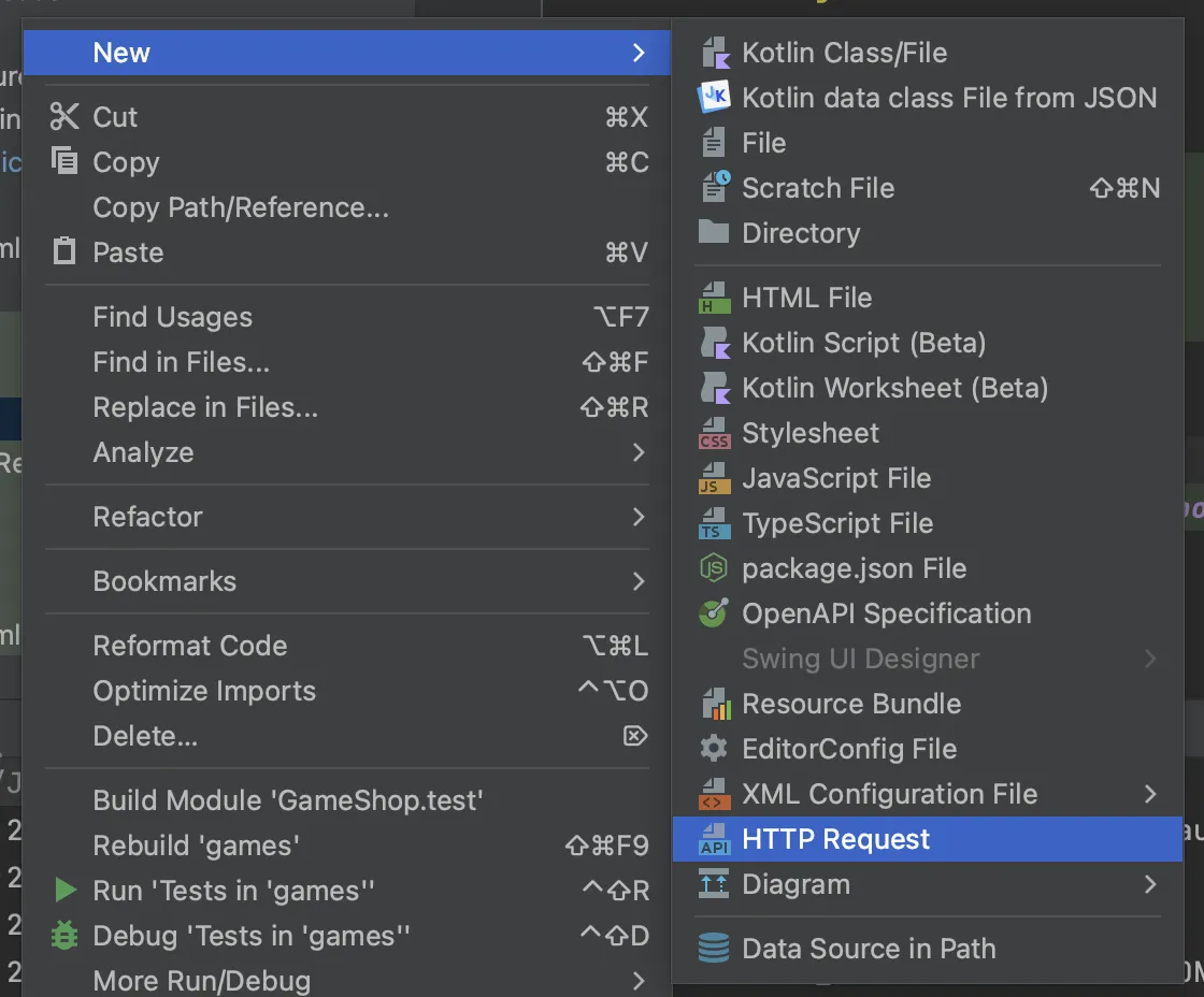 IntelliJ IDEA "New" file menu with "HTTP Request" highlighted, used to create a test request file.