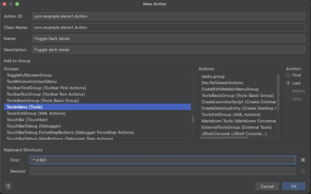 Screenshot of the New Action dialog in Android Studio, naming the action "Toggle Dark Mode" and setting its keyboard shortcut.