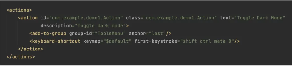 Screenshot of the plugin.xml action entry generated for "Toggle Dark Mode", with its menu group and keyboard shortcut.