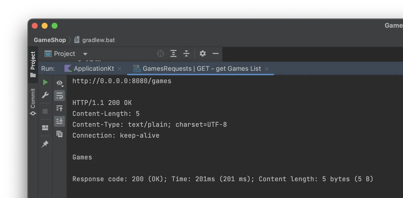 Screenshot of an HTTP GET request response showing status 200 OK and the body text "Games".