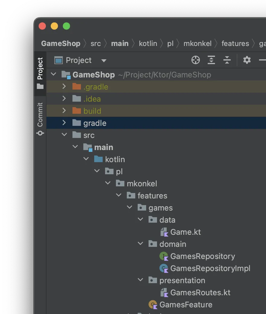 Screenshot of the GameShop project structure in IntelliJ IDEA, with code split into data, domain, and presentation packages.