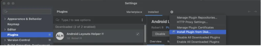 Screenshot of Android Studio's Plugins settings with "Install Plugin from Disk" selected from the gear menu.