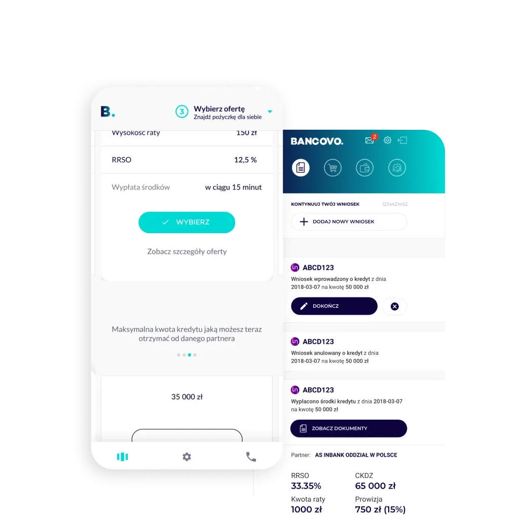 Dwa ekrany aplikacji Bancovo: oferta pożyczki z RRSO 12,5% i wypłatą środków w 15 minut oraz panel z listą wniosków kredytowych, kwotami i statusami.