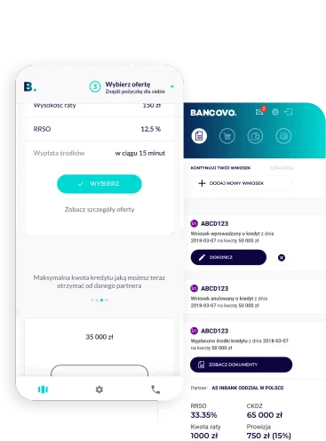 Screens of the Bancovo product on a device.