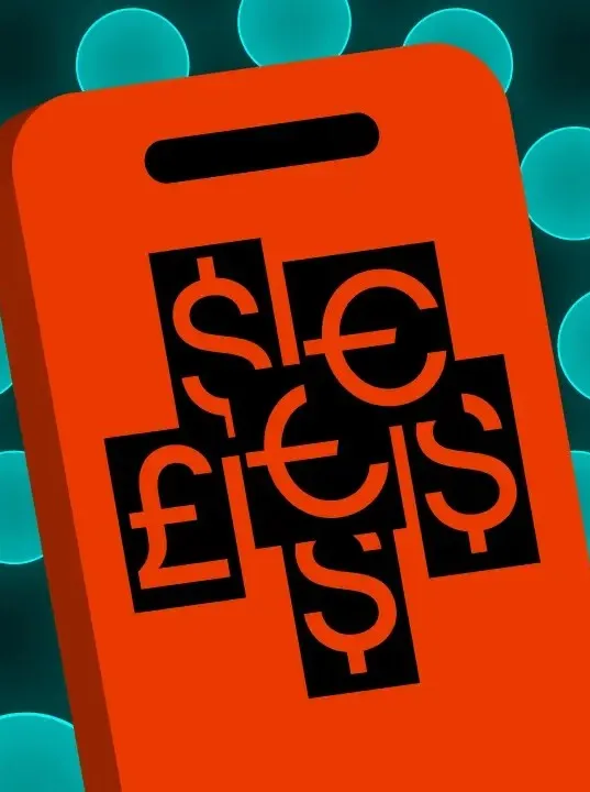 Ilustracja telefonu pokrytego symbolami walut.